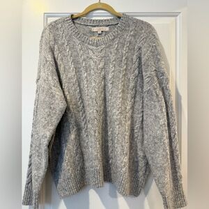LOFT Heather Gray Cable Knit Crewneck Sweater